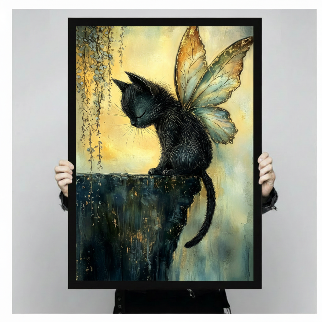 Whimsical fantasy watercolor oil painting of a mysterious black cat viewed from behind at a slight angle with ruffled short fur pointed ears and fine whiskers seated on a weathered mossy stone edge with ethereal translucent butterfly wings unfurled behind it the upper wings glowing in amber gold with gilded veining and the lower wings in pale blue-green with sheer texture beside hanging vine tendrils against a luminous golden yellow and cool blue-gray background fantasy cat wall art framed print held agains