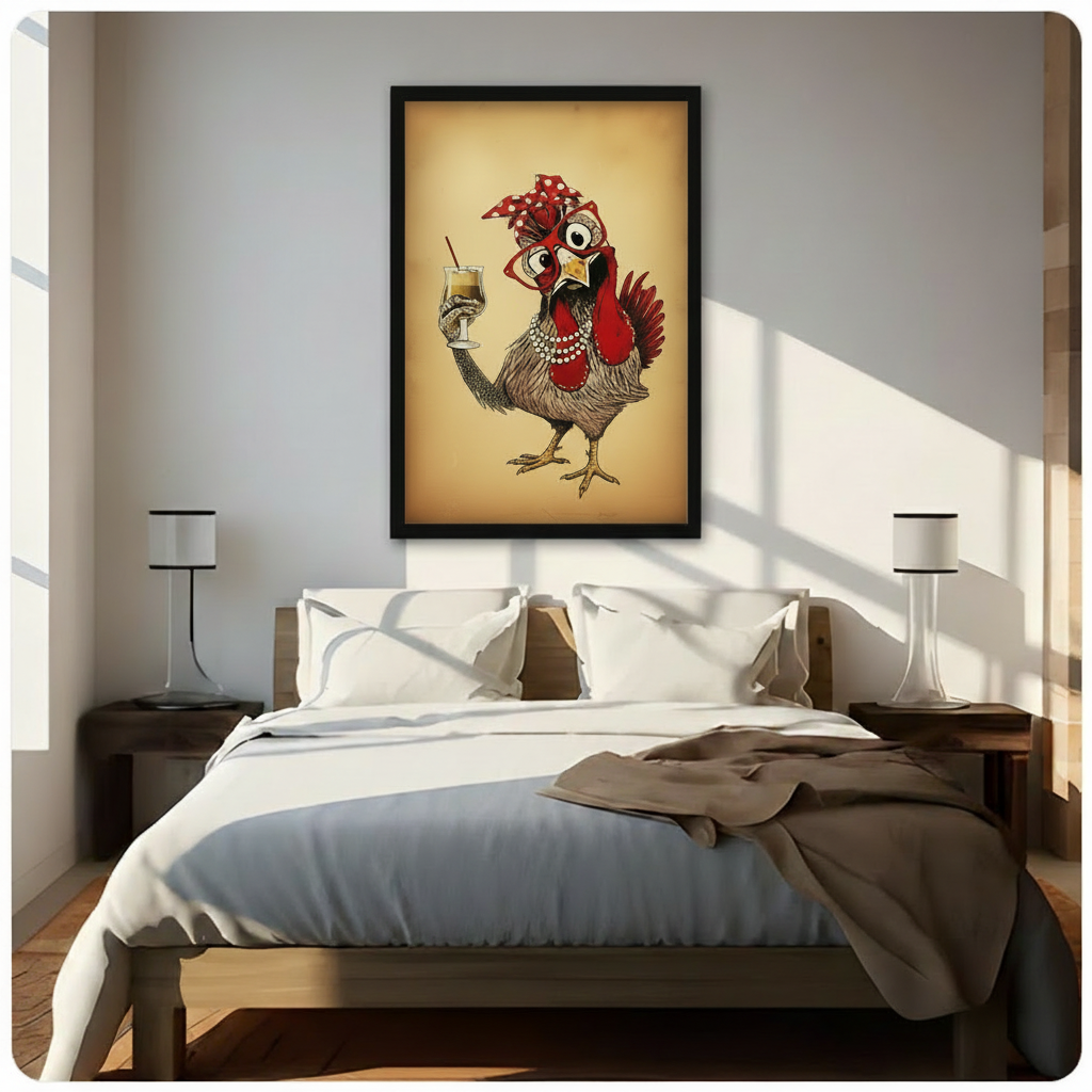Framed fancy hen canvas above bed in sunlit bedroom — vintage whimsical chicken in red glasses and pearl necklace with coffee cocktail, bedroom wall art