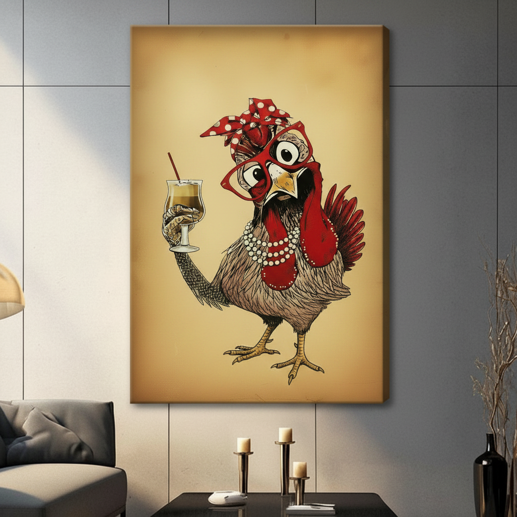 Gallery wrap canvas of fancy hen with polka-dot bandana and cocktail glass — humorous vintage animal illustration for living room wall decor