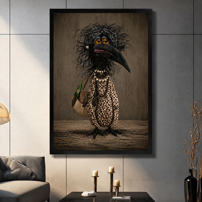 Whimsical fancy crow in leopard dress and pearl necklace — gothic humor bird wall art in black frame, modern living room