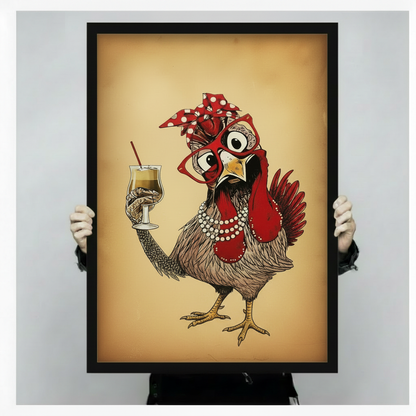 Close-up of framed fancy hen print held by hands — humorous vintage chicken illustration with polka-dot bandana, red glasses, and cocktail glass