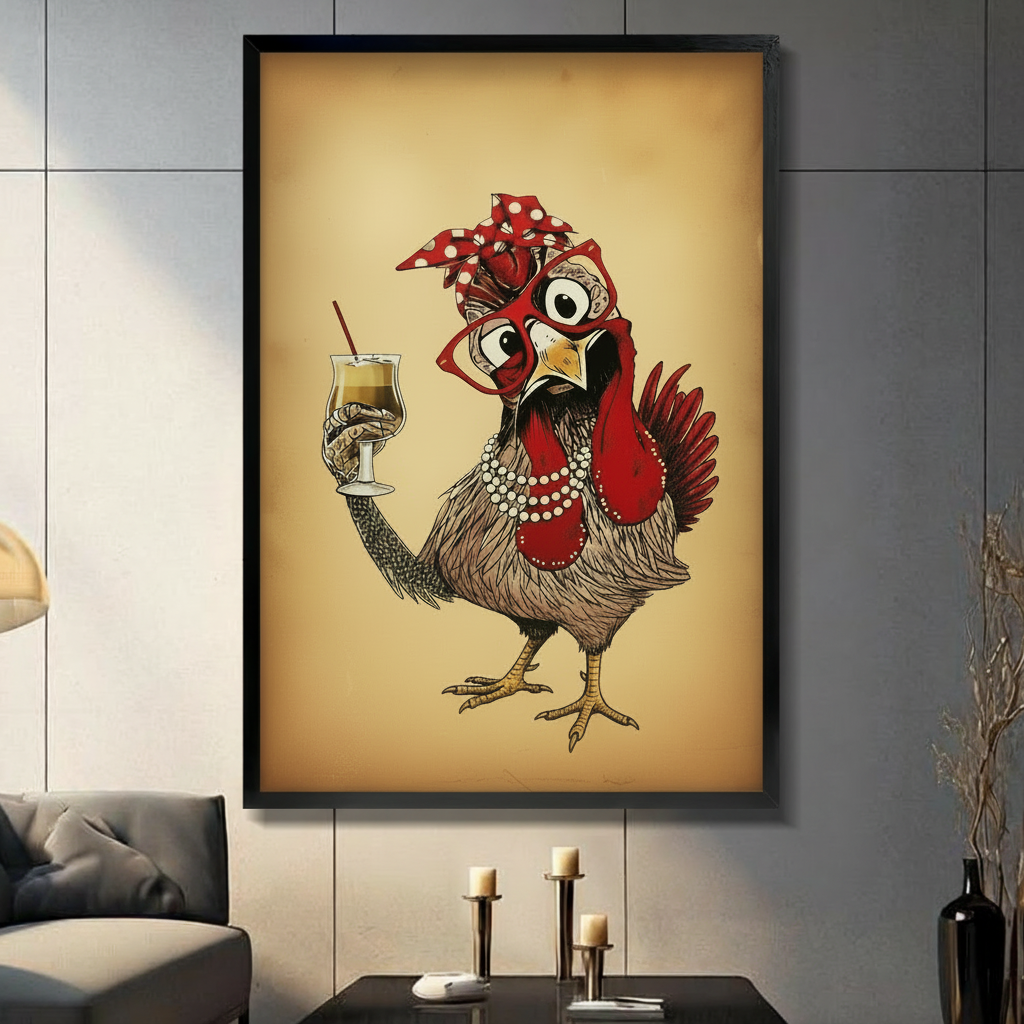 Framed fancy hen wall art canvas in modern living room — vintage illustration of chicken in red glasses and pearl necklace holding coffee cocktail
