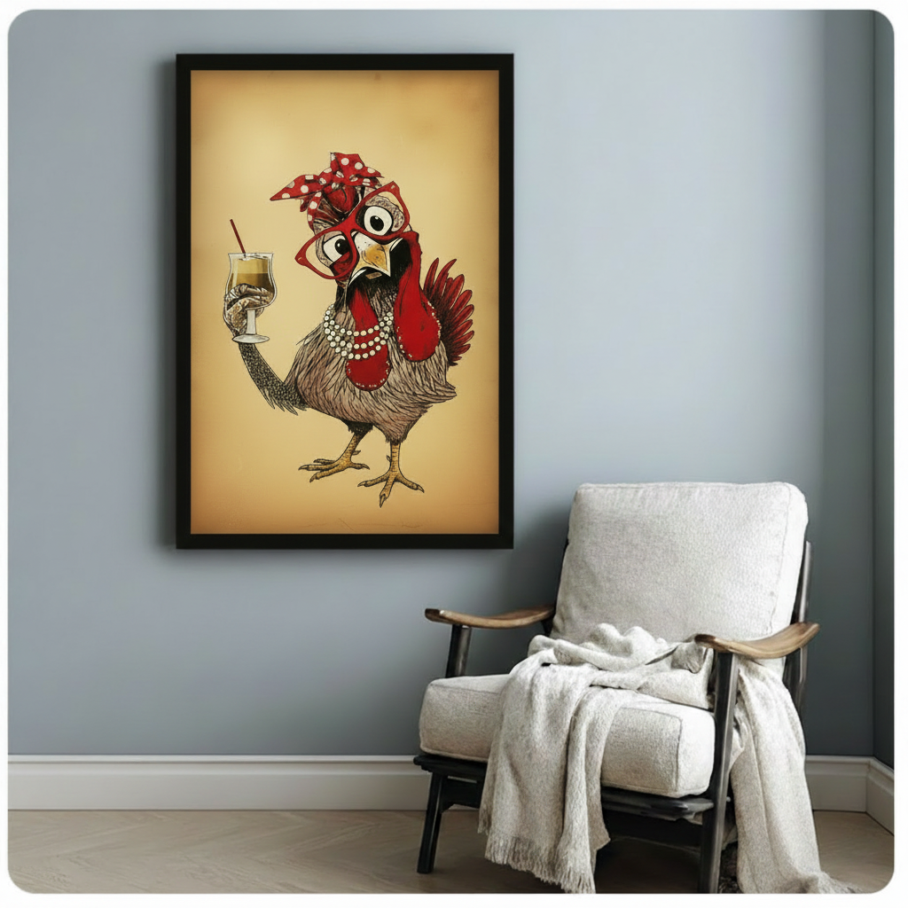 Framed fancy chicken art print on blue-grey wall beside armchair — vintage illustration of hen in red glasses with pearl necklace and coffee drink