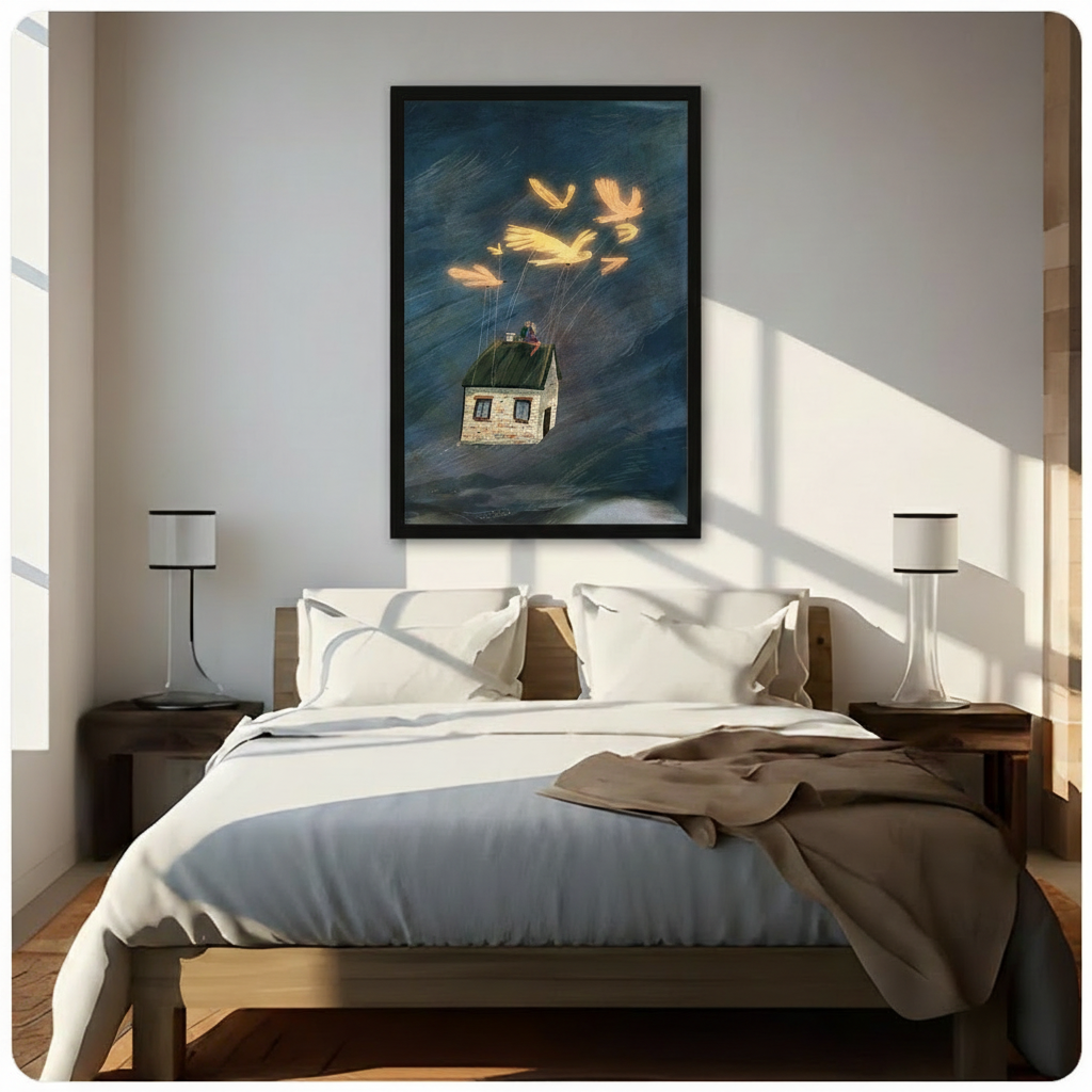 Framed fantasy wall art of glowing birds carrying a floating cottage over dark waves, displayed above a wooden bed in a sunlit bedroom