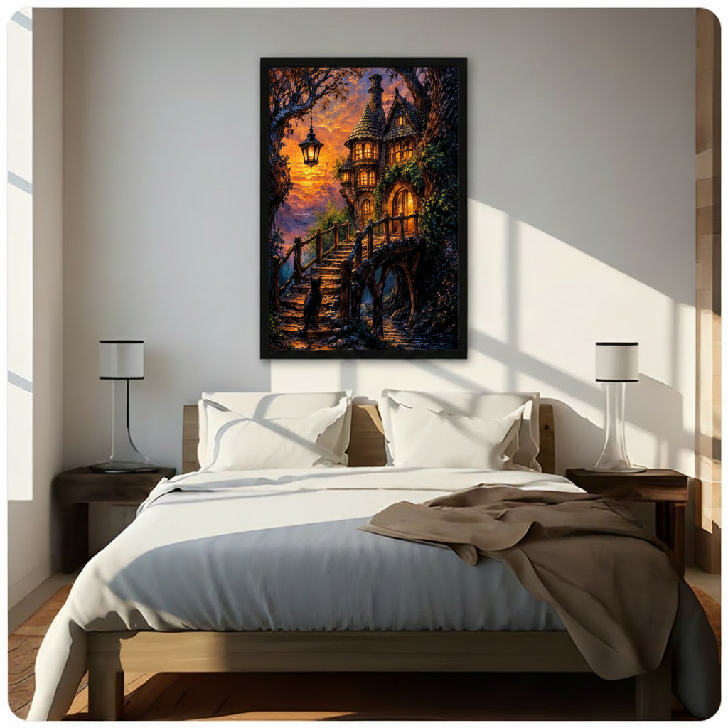 Framed enchanted forest cottage wall art print with glowing windows, ivy-draped towers and a black cat on stone stairs, hung above a wooden bed in a bright sunlit minimalist bedroom