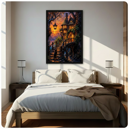 Framed enchanted forest cottage wall art print with glowing windows, ivy-draped towers and a black cat on stone stairs, hung above a wooden bed in a bright sunlit minimalist bedroom