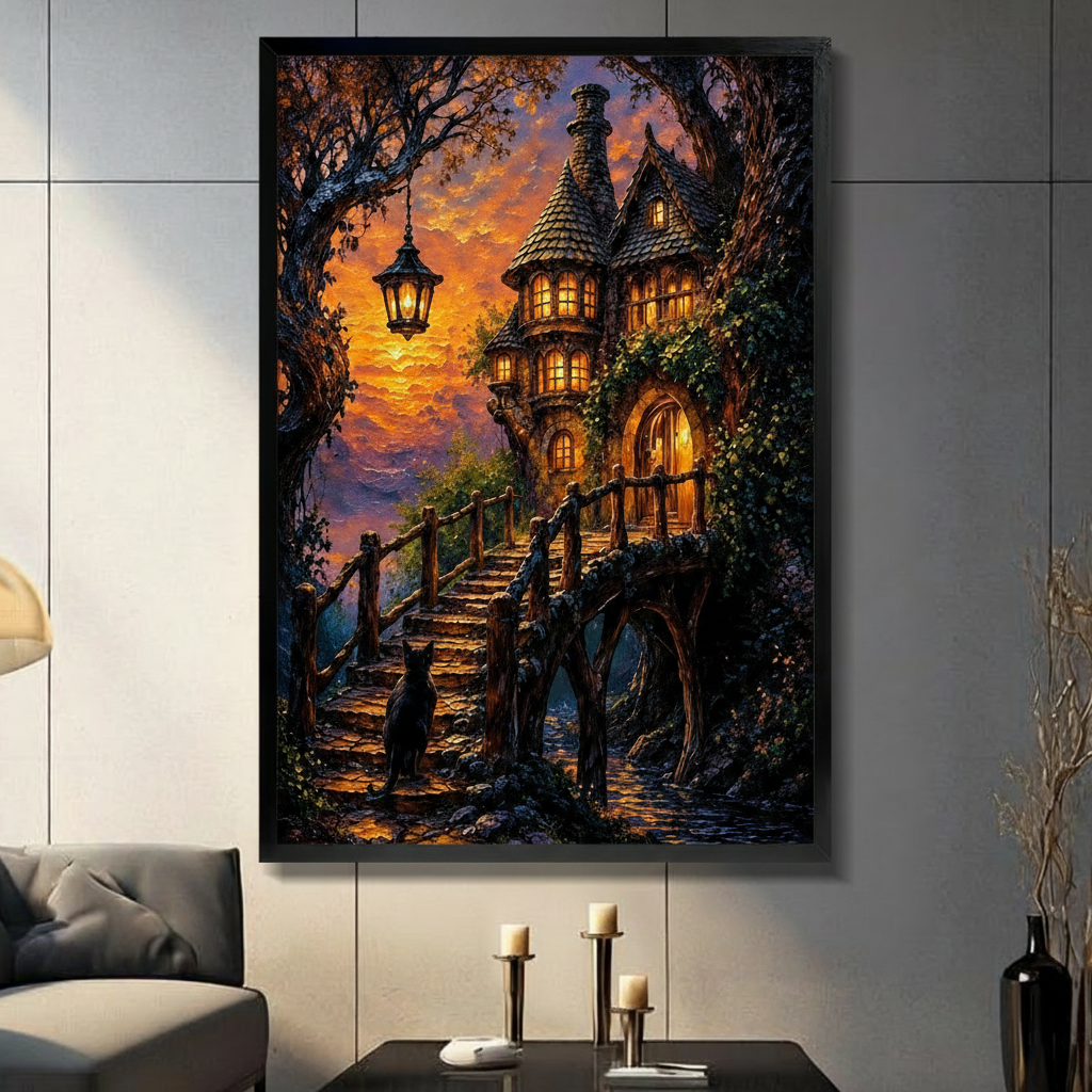 Framed fantasy wall art print featuring a glowing enchanted cottage with a black cat on stone stairs, hanging lantern and fiery sunset sky, displayed in a modern dark living room
