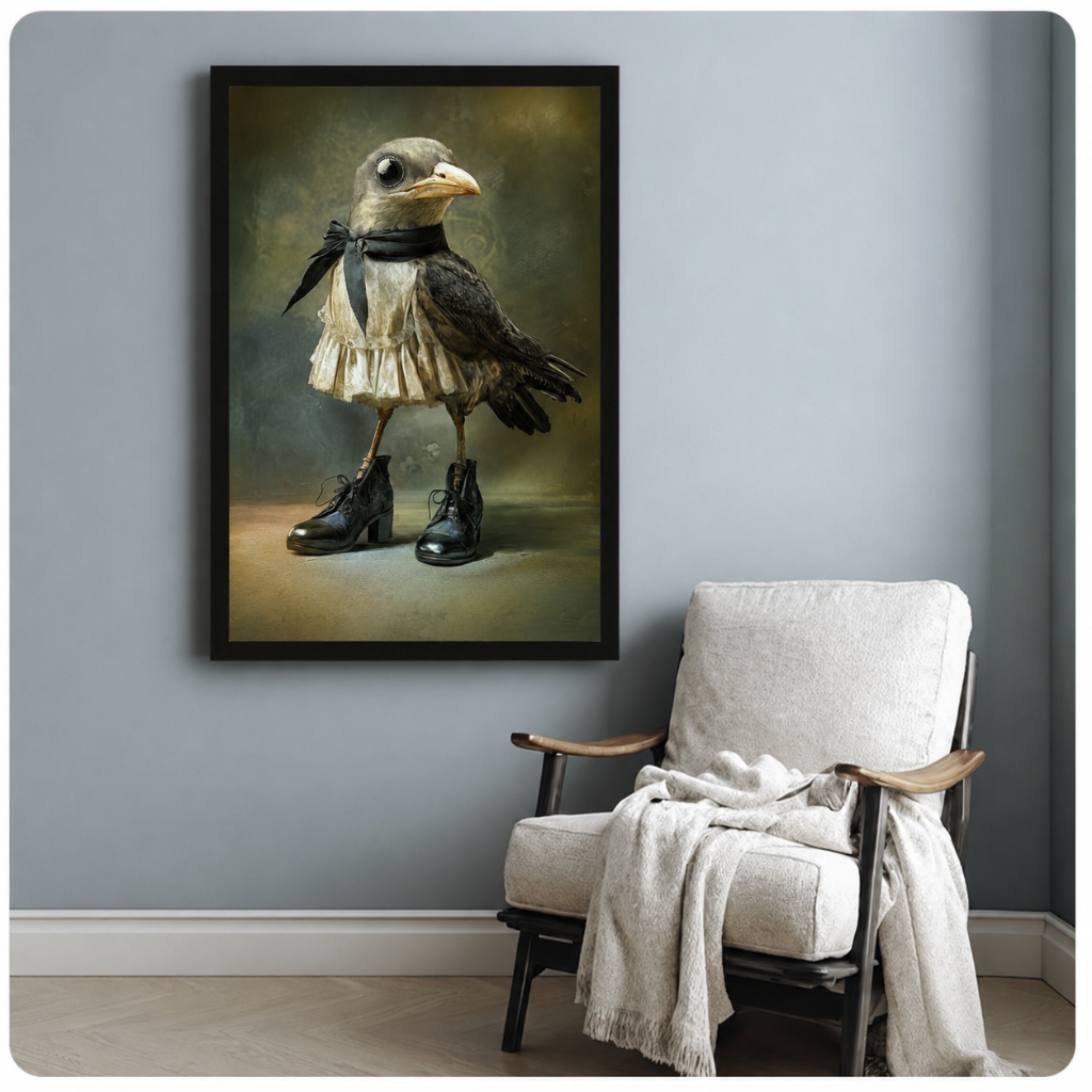 Black framed fantasy crow portrait wall art with lace dress and leather boots, styled above a cozy white armchair in a minimalist room