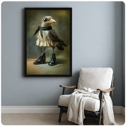Black framed fantasy crow portrait wall art with lace dress and leather boots, styled above a cozy white armchair in a minimalist room