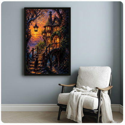 Framed dark fantasy wall art showing a glowing stone cottage with a hanging lantern and black cat on a mossy staircase bridge, displayed beside a white armchair in a cozy reading corner