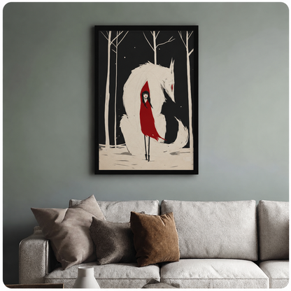 Framed fantasy art print of a red-hooded figure nestled against a white wolf in a dark snowy forest, styled above a neutral linen sofa on a sage green wall