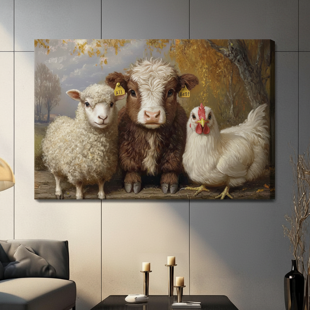Gallery wrap stretched canvas of a realistic fluffy sheep, curly brown calf with yellow ear tags and white hen posing together in an autumn farm setting hung frameless on a dark gray paneled wall