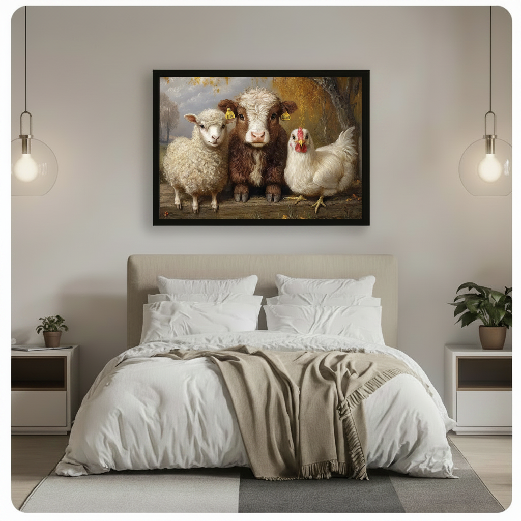 Black framed cute farmhouse animal trio canvas wall art with golden autumn background hung above a beige upholstered bed with white linen bedding in a minimalist bedroom with glass globe pendant lights