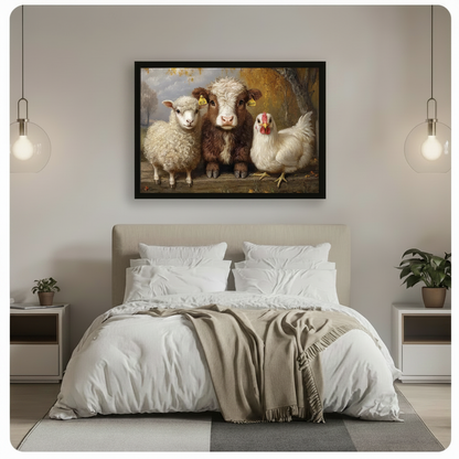 Black framed cute farmhouse animal trio canvas wall art with golden autumn background hung above a beige upholstered bed with white linen bedding in a minimalist bedroom with glass globe pendant lights