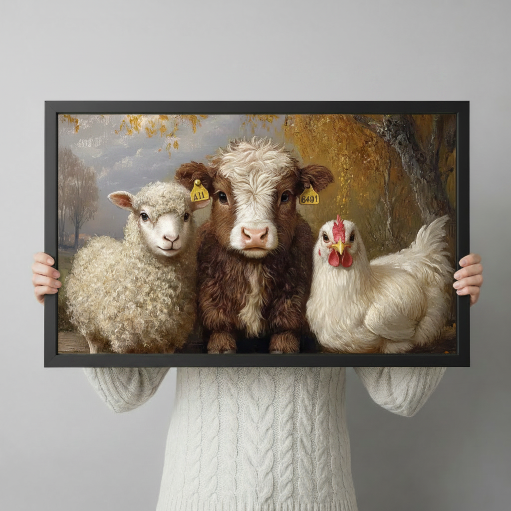 Person in white knit sweater holding a large black framed farmhouse sheep cow and chicken trio oil painting canvas art print against a neutral gray background, horizontal product size display