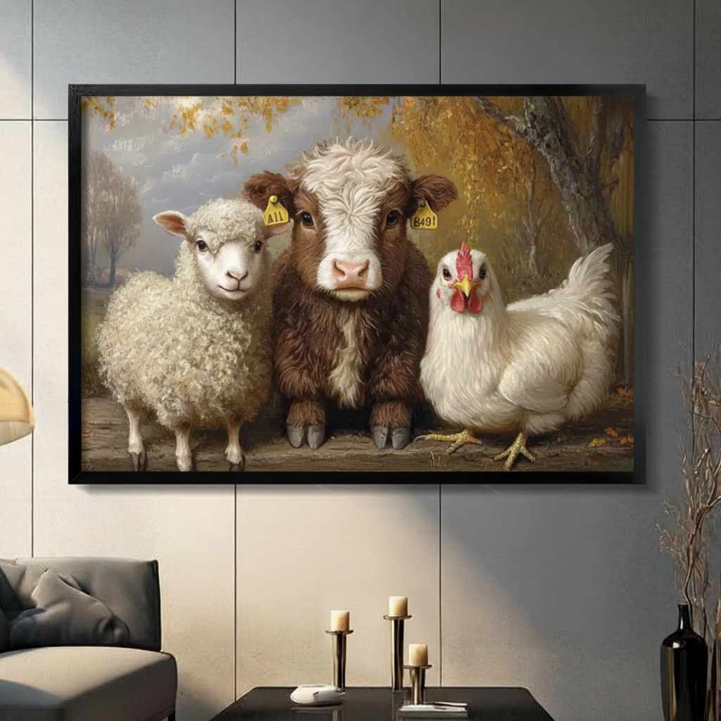 Black framed farmhouse cow sheep and chicken canvas wall art with golden autumn tree background displayed in a modern dark gray living room with gray sofa, candlestick holders and tall black vase
