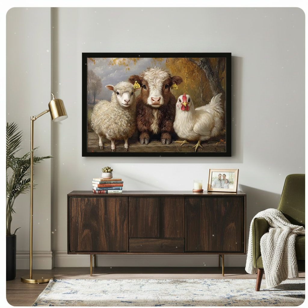 Black framed realistic sheep calf and chicken autumn farm canvas art hung above a dark walnut sideboard with stacked books and family photo frame in a modern living room with gold floor lamp and green armchair