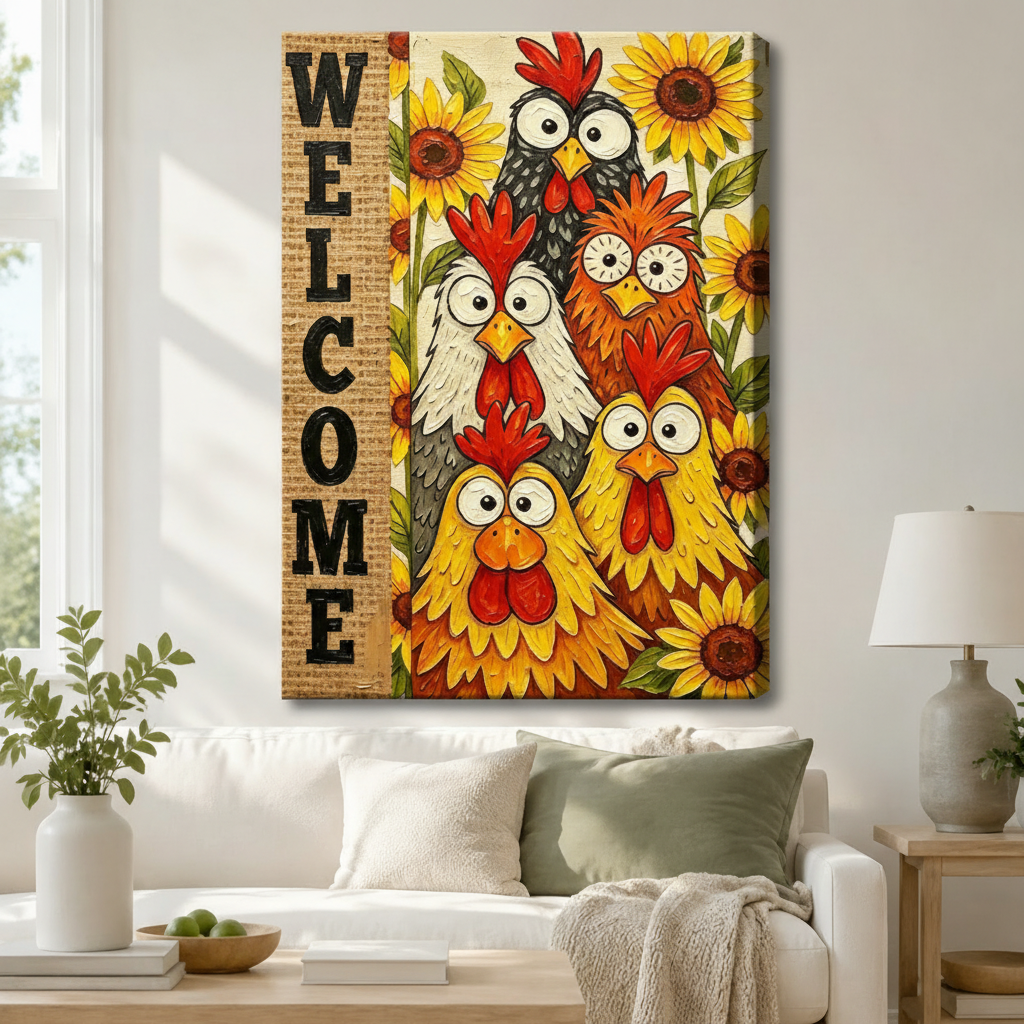 Stretched canvas wall art of a cheerful farmhouse folk art scene featuring five wide-eyed cartoon roosters piled together among vibrant sunflowers beside a vertical burlap welcome sign in impasto oil paint texture, hung above a white sofa with sage green and cream pillows and a white ceramic table lamp in a bright airy living room