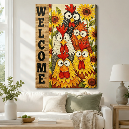 Stretched canvas wall art of a cheerful farmhouse folk art scene featuring five wide-eyed cartoon roosters piled together among vibrant sunflowers beside a vertical burlap welcome sign in impasto oil paint texture, hung above a white sofa with sage green and cream pillows and a white ceramic table lamp in a bright airy living room