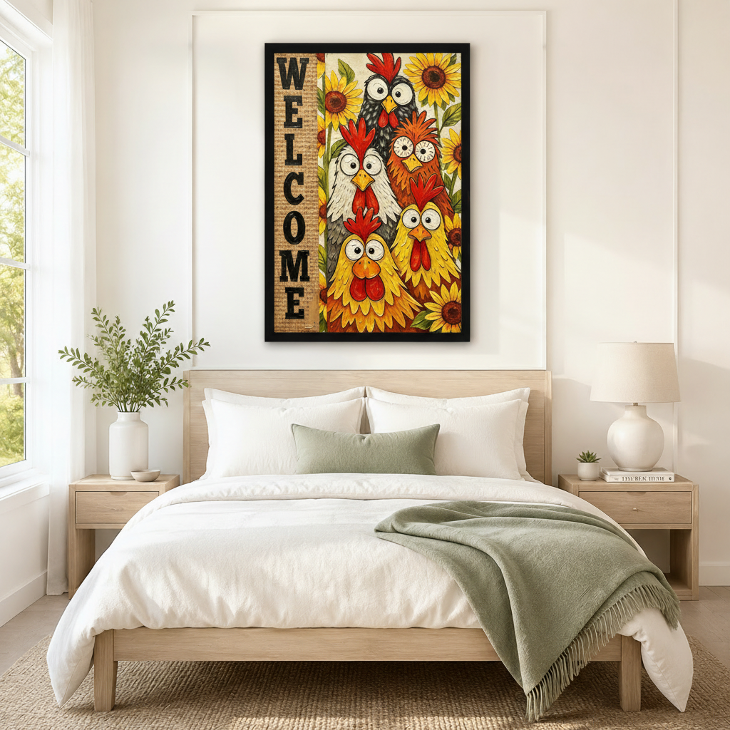 Black framed farmhouse folk art welcome chicken sunflower canvas art with five stacked wide-eyed cartoon roosters surrounded by vibrant yellow sunflowers beside a vertical burlap-textured welcome sign in impasto oil paint style, hung above a wooden bed frame in a sun-drenched Scandinavian bedroom with