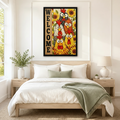 Black framed farmhouse folk art welcome chicken sunflower canvas art with five stacked wide-eyed cartoon roosters surrounded by vibrant yellow sunflowers beside a vertical burlap-textured welcome sign in impasto oil paint style, hung above a wooden bed frame in a sun-drenched Scandinavian bedroom with
