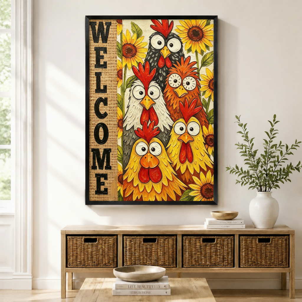 Black framed farmhouse welcome chicken sunflower canvas art with five stacked big-eyed cartoon roosters surrounded by bright yellow sunflowers beside a vertical burlap-textured welcome sign in bold black letters on a cream background, displayed on a light wall above a wooden rattan storage bench with a white ceramic vase of greenery and stacked books on the floor