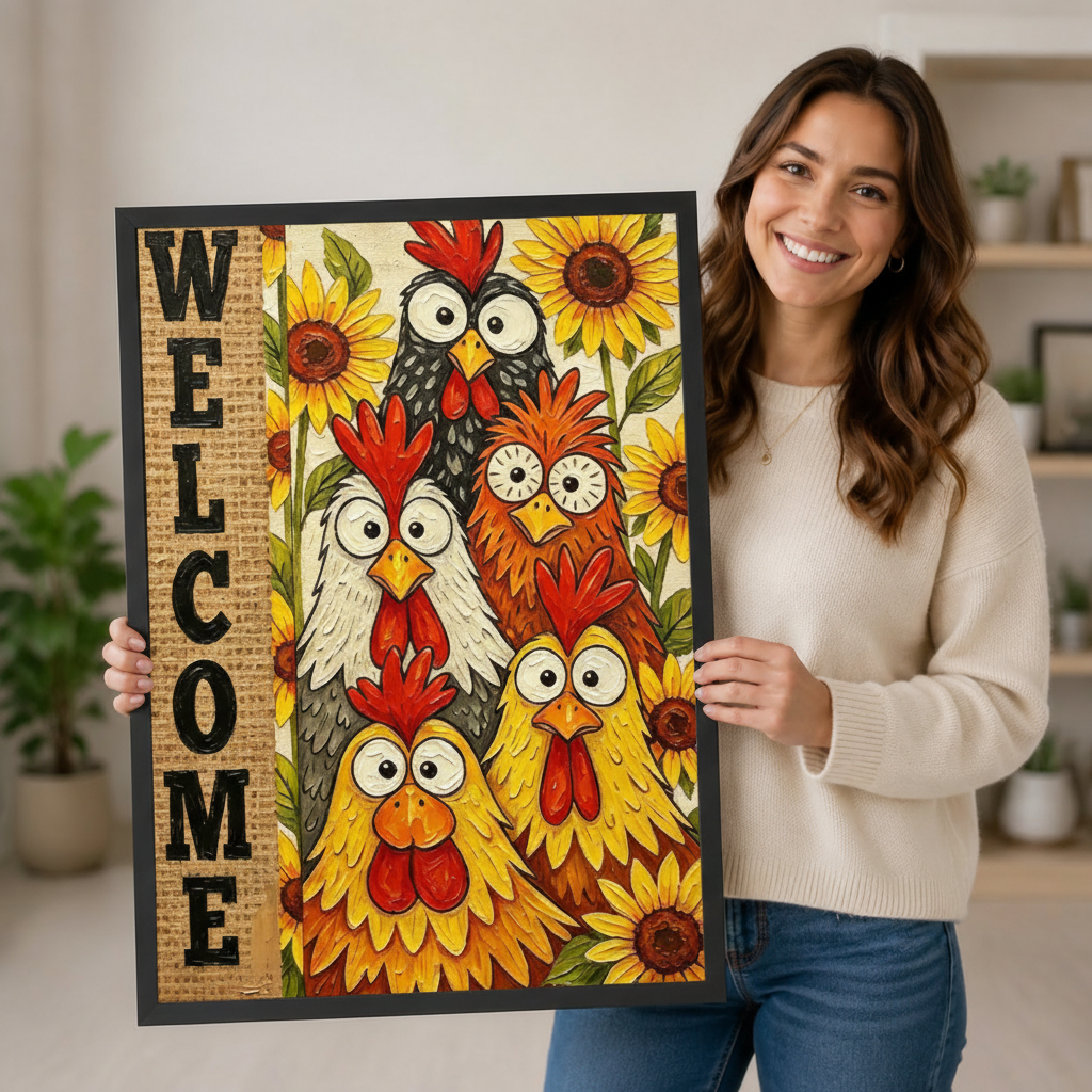 Smiling woman holding a large vertical black framed farmhouse welcome chicken and sunflower canvas art print showing five stacked big-eyed cartoon roosters amid bright sunflowers beside a vertical burlap welcome sign in bold black letters in a bright plant-filled room