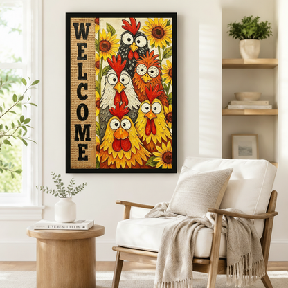 Black framed folk art welcome rooster and sunflower canvas art showing five stacked cartoon chickens with oversized round eyes surrounded by bold yellow sunflowers next to a vertical burlap-textured welcome banner in thick impasto brushstrokes, displayed on a white wall beside a white wooden armchair with a cream fringed throw and a round wood side table with books