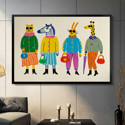 Fashion animals art print featuring leopard zebra rabbit and giraffe in colorful outfits, black framed wall art displayed in modern living room