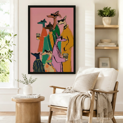 Framed fashion dogs canvas art in cozy reading nook above wooden armchair — trendy greyhound illustration print for home office decor