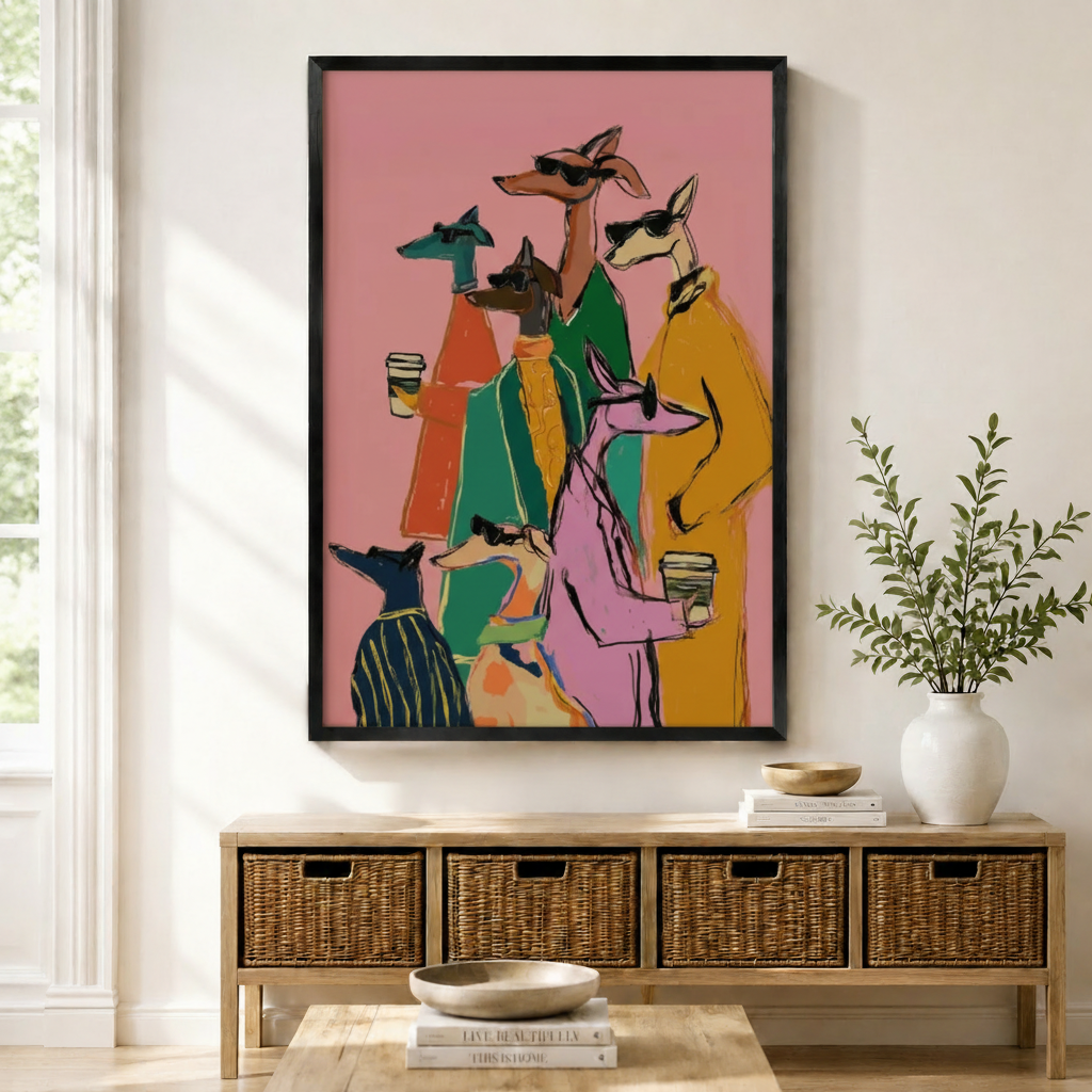 Stylish fashion dogs framed canvas art hanging above wooden console in Scandinavian living room — colorful greyhound illustration wall decor
