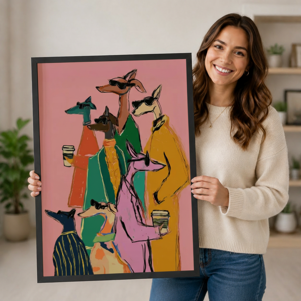 Woman holding large framed fashion dogs canvas print — vibrant greyhound group illustration wall art gift for dog lovers by Wallcow