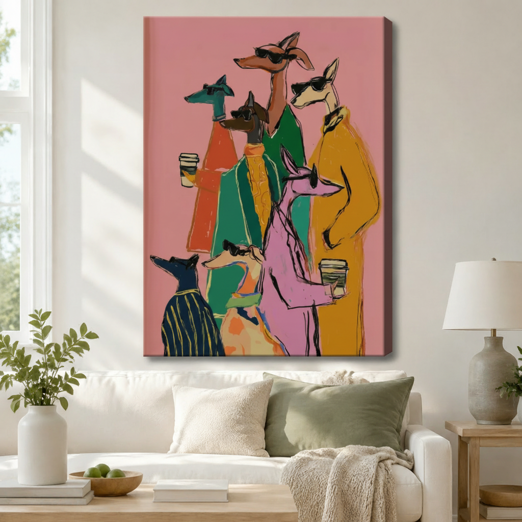 Fashion greyhound dogs stretched canvas print displayed above white sofa — bold colorful dog illustration wall art for modern American home