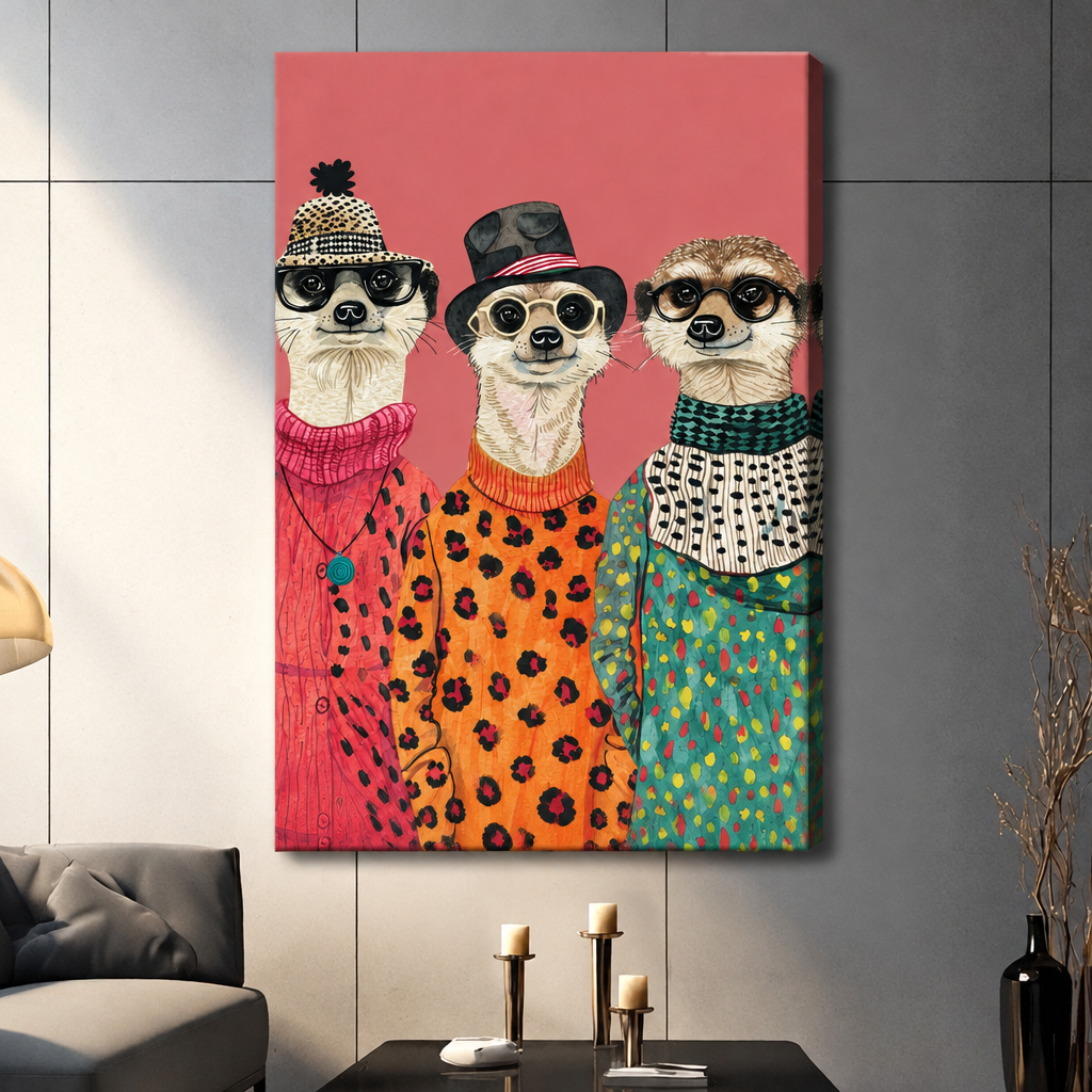 Three meerkats dressed in colorful leopard print and patterned outfits with hats and glasses funny fashion animal wall art stretched canvas dark panel wall living room