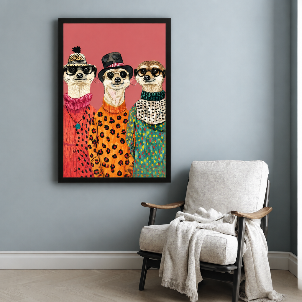 Three meerkats dressed in colorful leopard print and patterned outfits with hats and glasses funny fashion animal wall art framed print beside armchair blue-gray wall