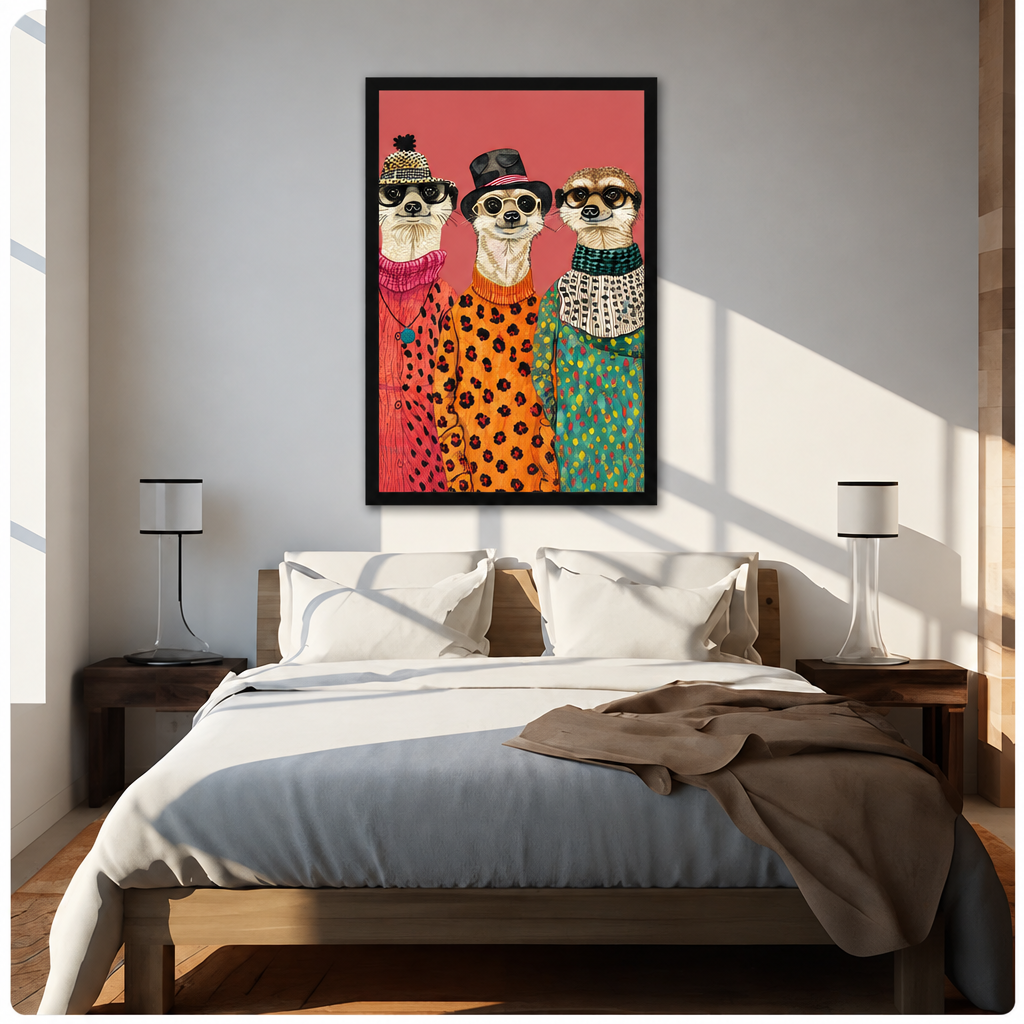Three meerkats dressed in colorful leopard print and patterned outfits with hats and glasses funny fashion animal wall art framed print above bed sunlit bedroom
