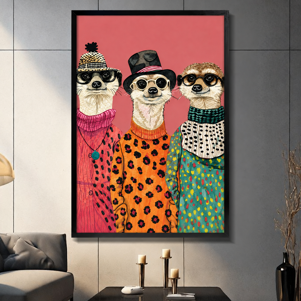 Three meerkats dressed in colorful leopard print and patterned outfits with hats and glasses funny fashion animal wall art framed print dark panel wall living room
