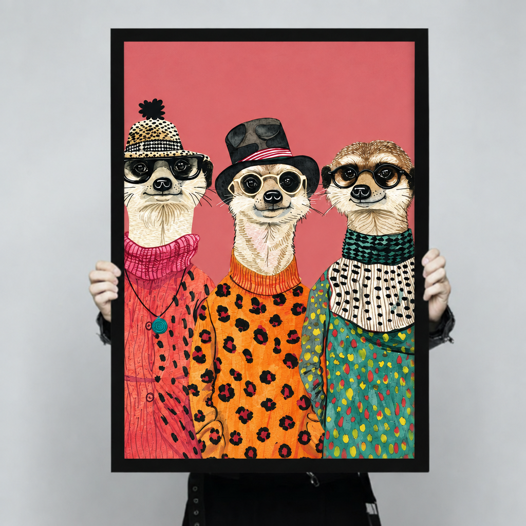 Three meerkats dressed in colorful leopard print and patterned outfits with hats and glasses funny fashion animal wall art framed print held up