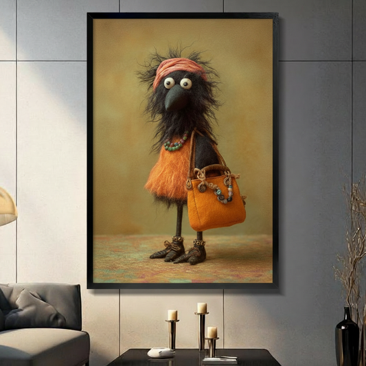 Whimsical fashionable crow wearing orange fluffy outfit and carrying orange handbag, framed canvas wall art in black frame hung on grey tile wall in modern living room