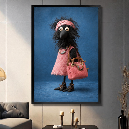 Framed wall art print of a whimsical crow dressed in a pink fluffy dress holding a pink handbag, displayed above a sofa in a modern living room

