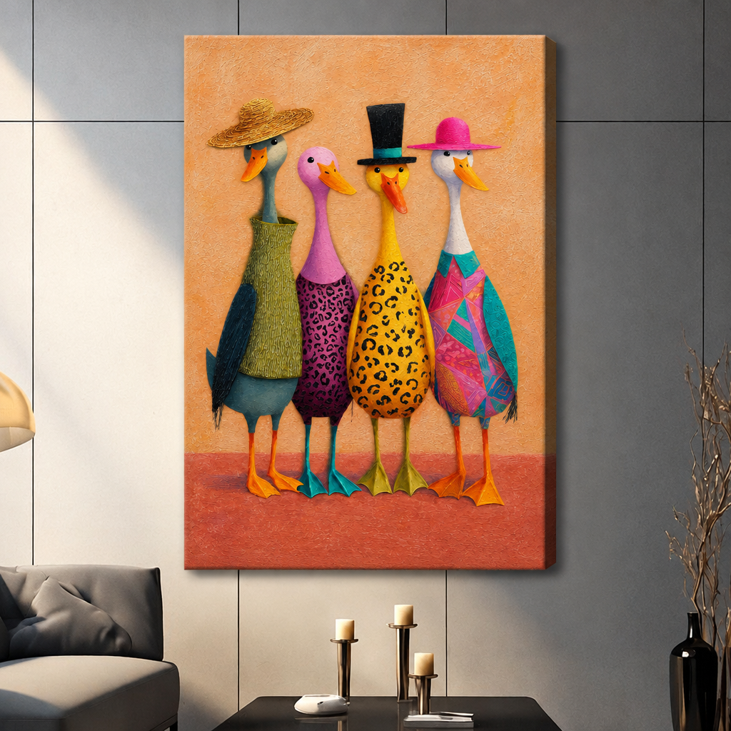 Whimsical illustration of four ducks standing in a row wearing colorful hats and patterned outfits including a straw hat with green wrap a purple leopard-print dress a black top hat with yellow leopard body and a pink hat with teal geometric wrap on a warm orange background fun animal wall art stretched canvas dark panel wall living room