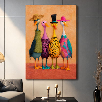 Whimsical illustration of four ducks standing in a row wearing colorful hats and patterned outfits including a straw hat with green wrap a purple leopard-print dress a black top hat with yellow leopard body and a pink hat with teal geometric wrap on a warm orange background fun animal wall art stretched canvas dark panel wall living room