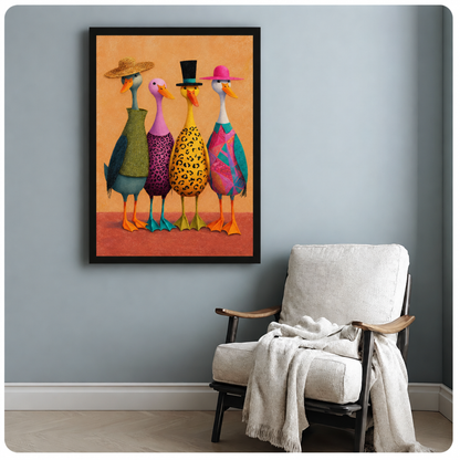 Whimsical illustration of four ducks standing in a row wearing colorful hats and patterned outfits including a straw hat with green wrap a purple leopard-print dress a black top hat with yellow leopard body and a pink hat with teal geometric wrap on a warm orange background fun animal wall art framed print beside armchair blue-gray wall