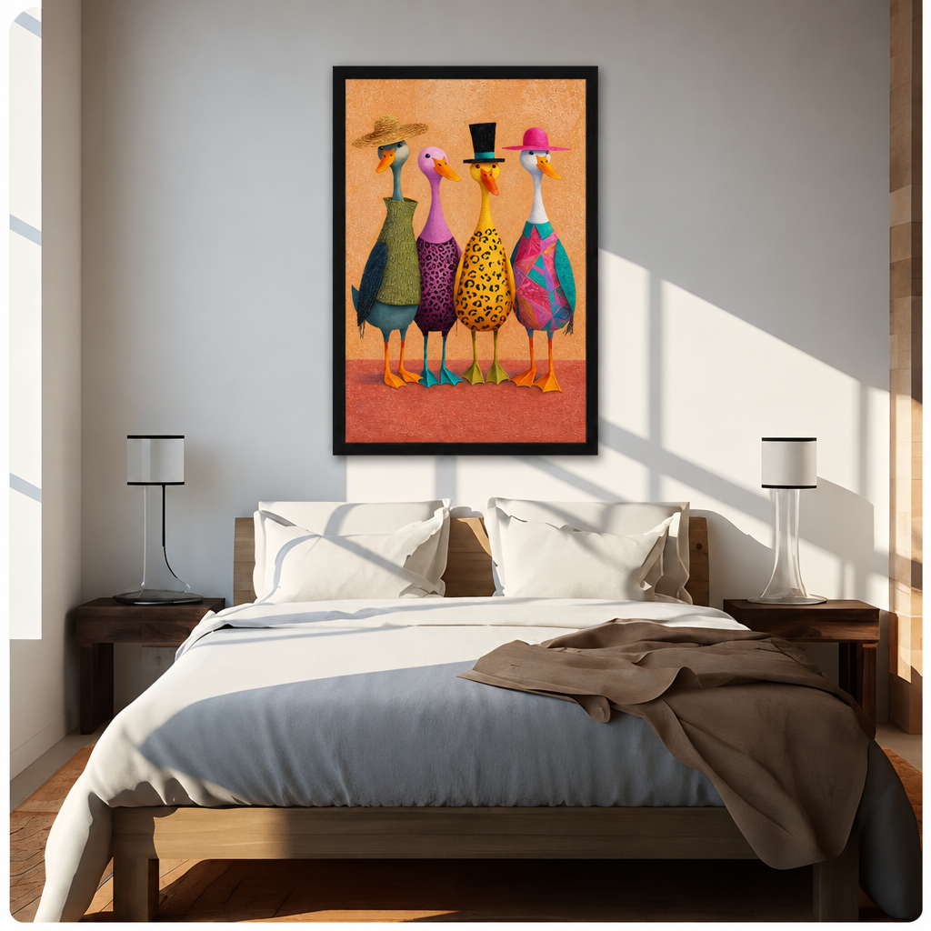 Whimsical illustration of four ducks standing in a row wearing colorful hats and patterned outfits including a straw hat with green wrap a purple leopard-print dress a black top hat with yellow leopard body and a pink hat with teal geometric wrap on a warm orange background fun animal wall art framed print above bed sunlit bedroom
