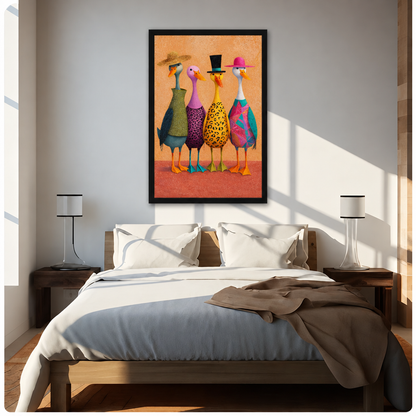 Whimsical illustration of four ducks standing in a row wearing colorful hats and patterned outfits including a straw hat with green wrap a purple leopard-print dress a black top hat with yellow leopard body and a pink hat with teal geometric wrap on a warm orange background fun animal wall art framed print above bed sunlit bedroom