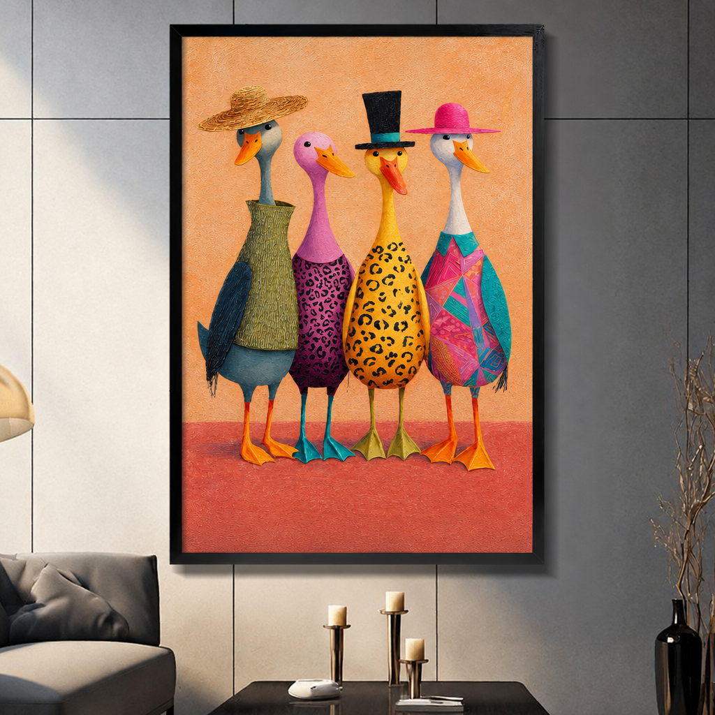 Whimsical illustration of four ducks standing in a row wearing colorful hats and patterned outfits including a straw hat with green wrap a purple leopard-print dress a black top hat with yellow leopard body and a pink hat with teal geometric wrap on a warm orange background fun animal wall art framed print dark panel wall living room