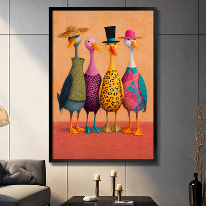 Whimsical illustration of four ducks standing in a row wearing colorful hats and patterned outfits including a straw hat with green wrap a purple leopard-print dress a black top hat with yellow leopard body and a pink hat with teal geometric wrap on a warm orange background fun animal wall art framed print dark panel wall living room