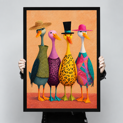 Whimsical illustration of four ducks standing in a row wearing colorful hats and patterned outfits including a straw hat with green wrap a purple leopard-print dress a black top hat with yellow leopard body and a pink hat with teal geometric wrap on a warm orange background fun animal wall art framed print held up