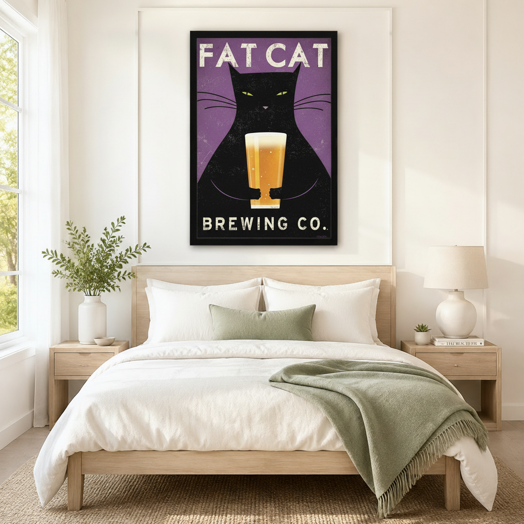 Vintage Fat Cat Brewing Co black cat beer pint wall art in black frame hanging above neutral linen king bed with wooden nightstands in minimalist American bedroom