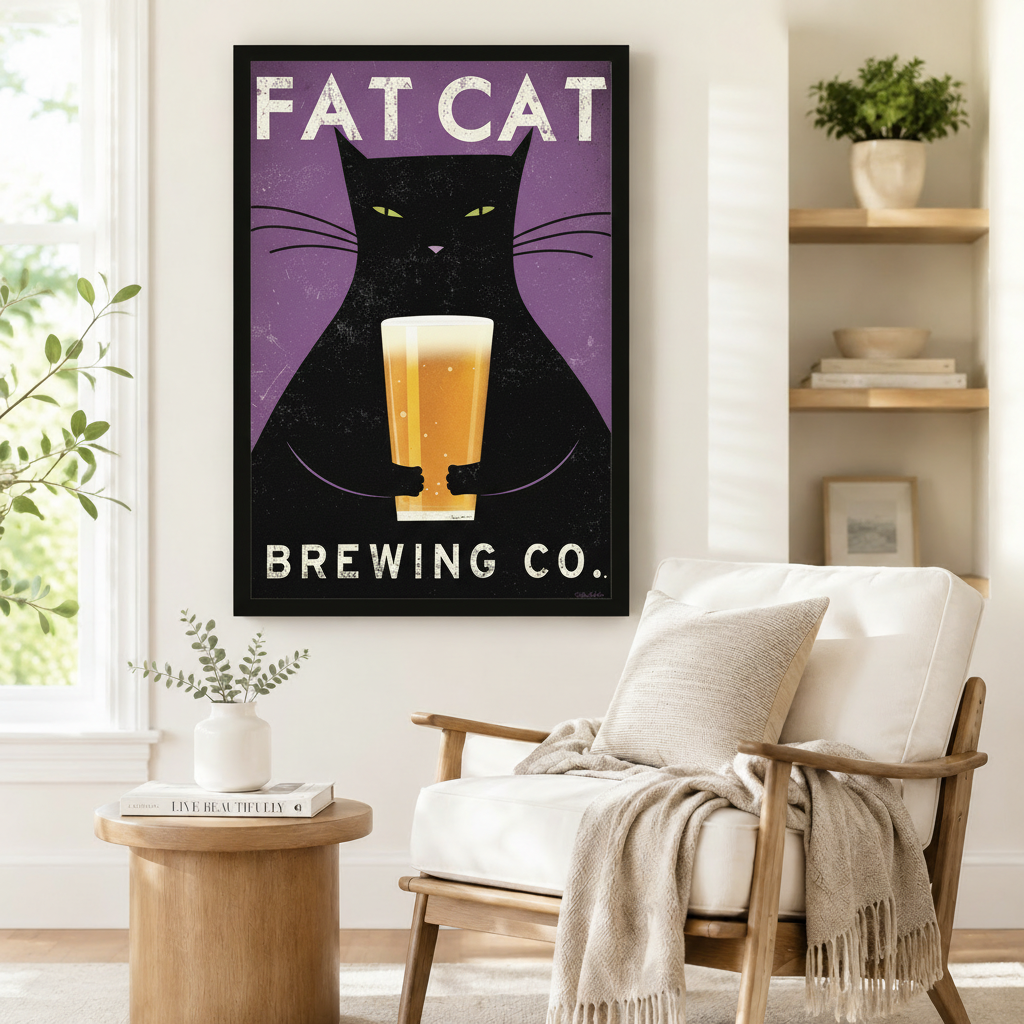 Black framed Fat Cat Brewing Co retro beer cat poster art print on purple background beside wooden accent chair and round side table in bright Scandinavian reading nook
